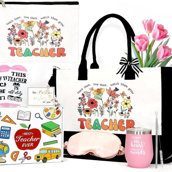 Teacher Appreciation Gift Set Canvas Tote Bag Cosmetic Pouch Thermos